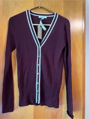 Madewell Plum Button-Front V-Neck Cardigan with Ivory Trim